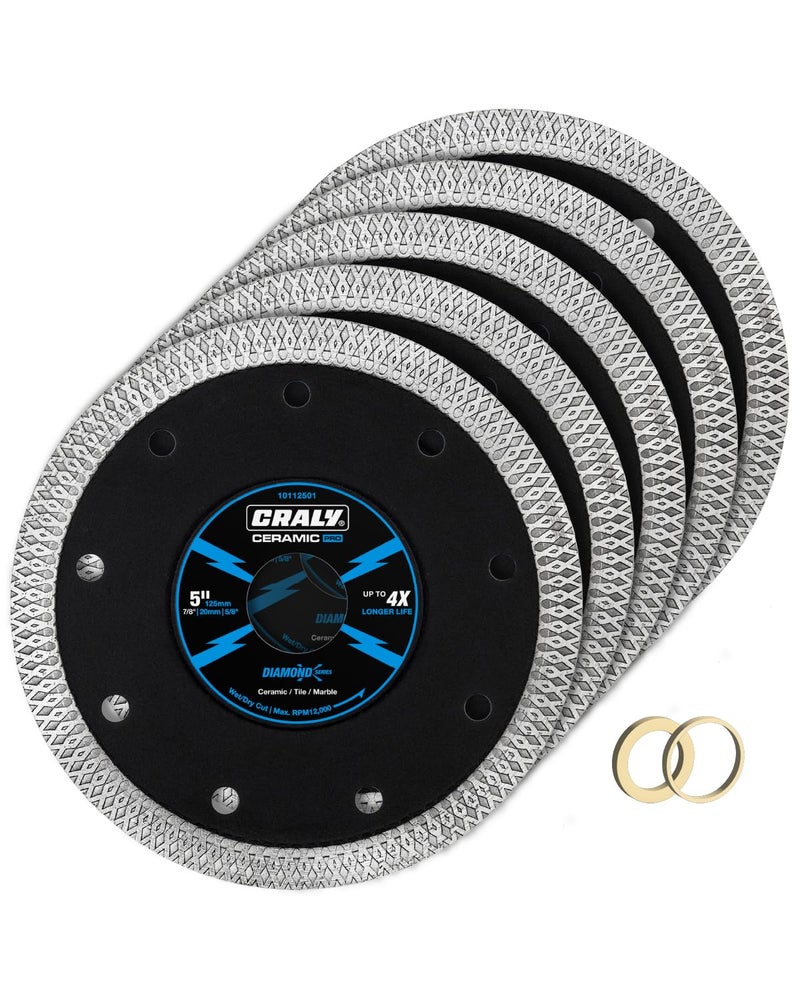CRALY 5 Inch Super Thin Diamond Blade, 7/8 in Arbor, 5'' Diamond Tile Blade for Angle Grinder & Tile Saw, Diamond Cutting Wheel for Cutting Ceramic, Tile, Marble, Granite, Brick, Porcelain, 5PC - Image 1